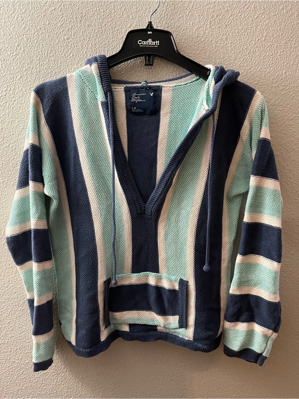 American Eagle 100% Cotton Knit Beach Pull Over Hoodie Sweater Size Large